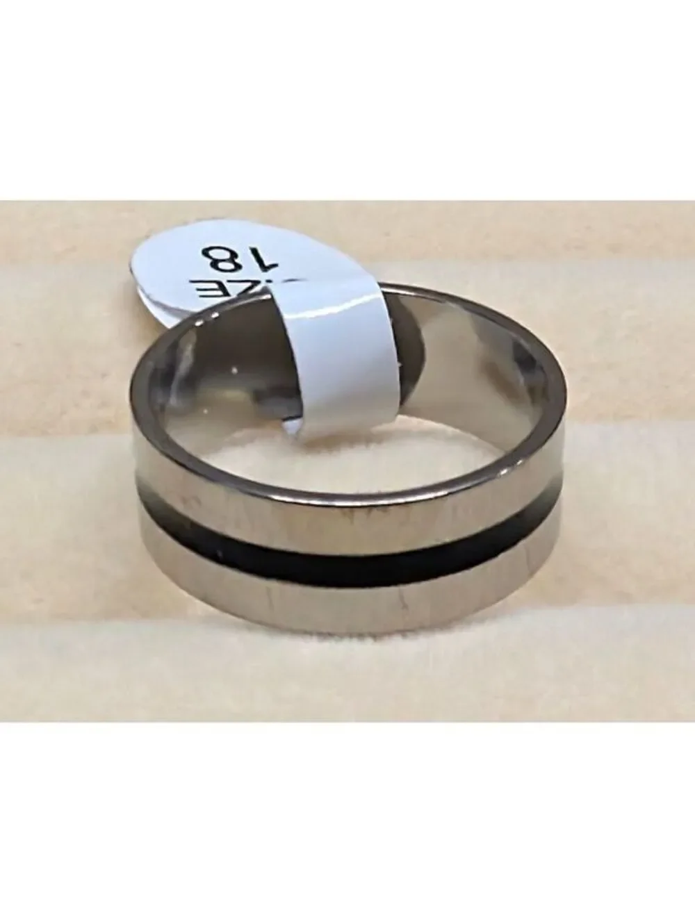 New Stainless Steel Grooved Ring Size 7.75 Silver Tone Black Enamel Band Goth